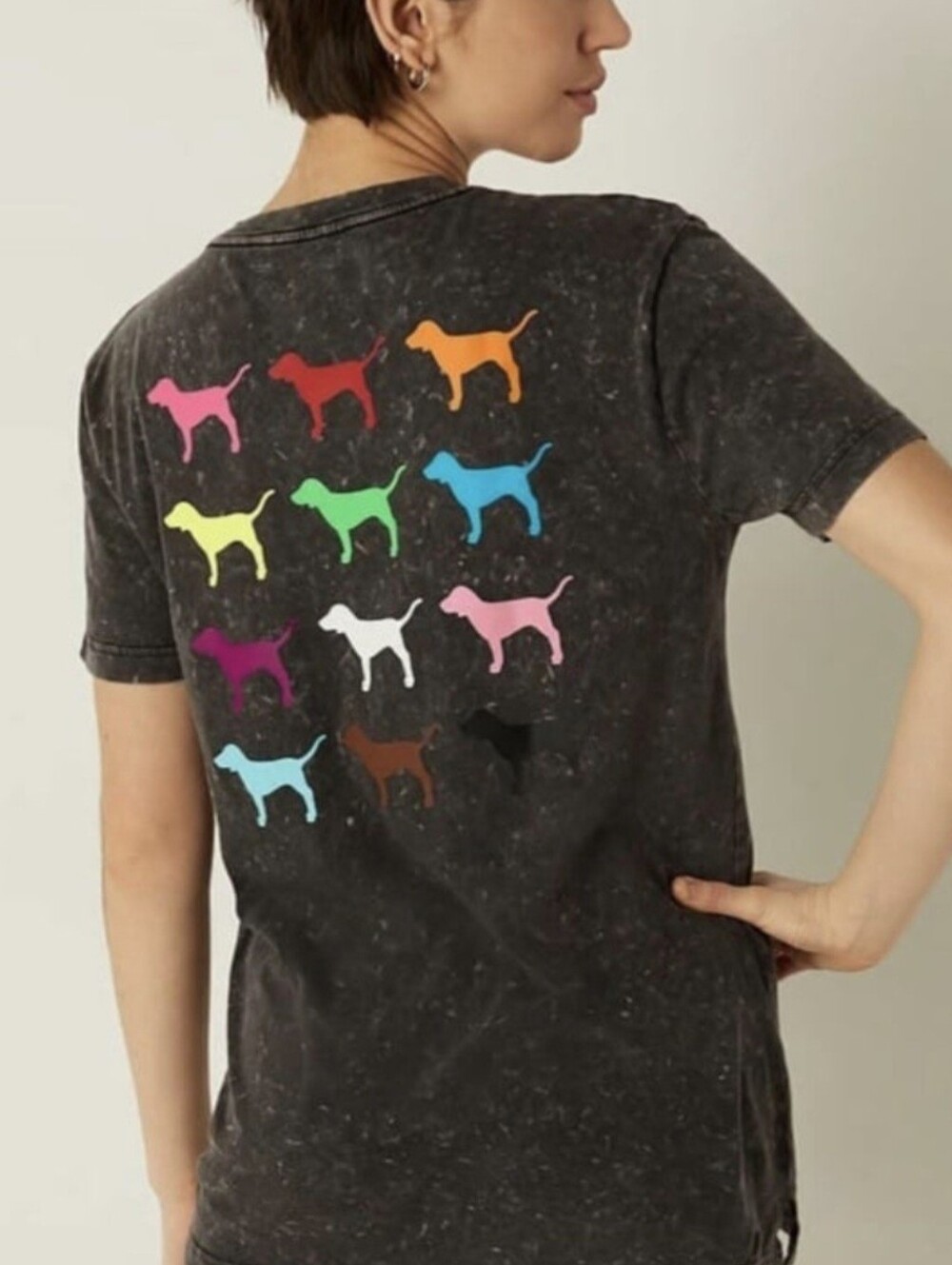 PINK Victoria's Secret Multicolor Logo And Dog Silhouettes distressed Tee-gray